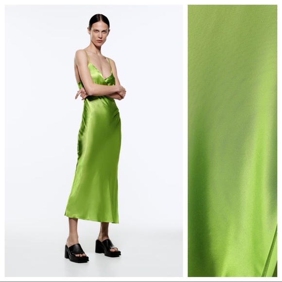 NWT. Zara Green Draped Lingerie-Style Flowy Mini Dress. Size S. - Picture 5 of 14